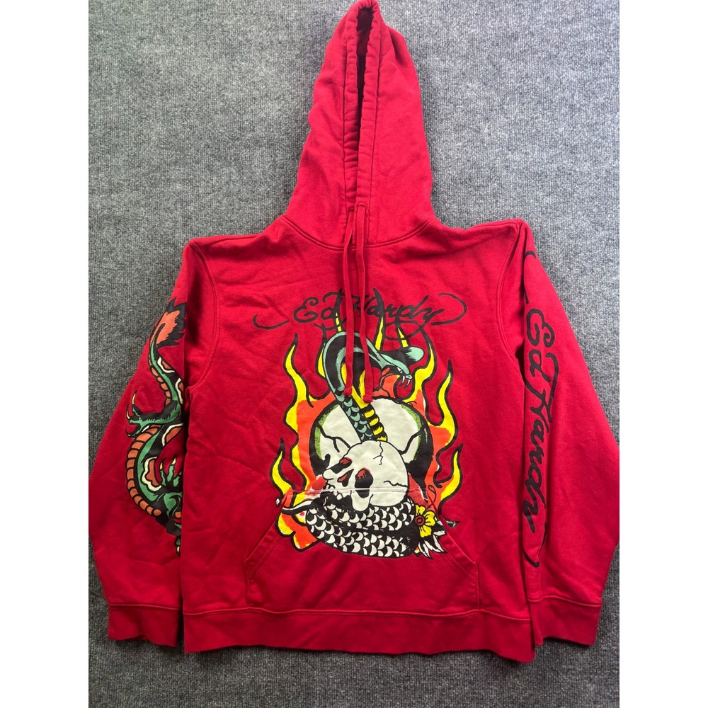 Ed Hardy Hoodie Mens Largeβ Red Skull Snake Flame Graphic Y2K EHM1300-56